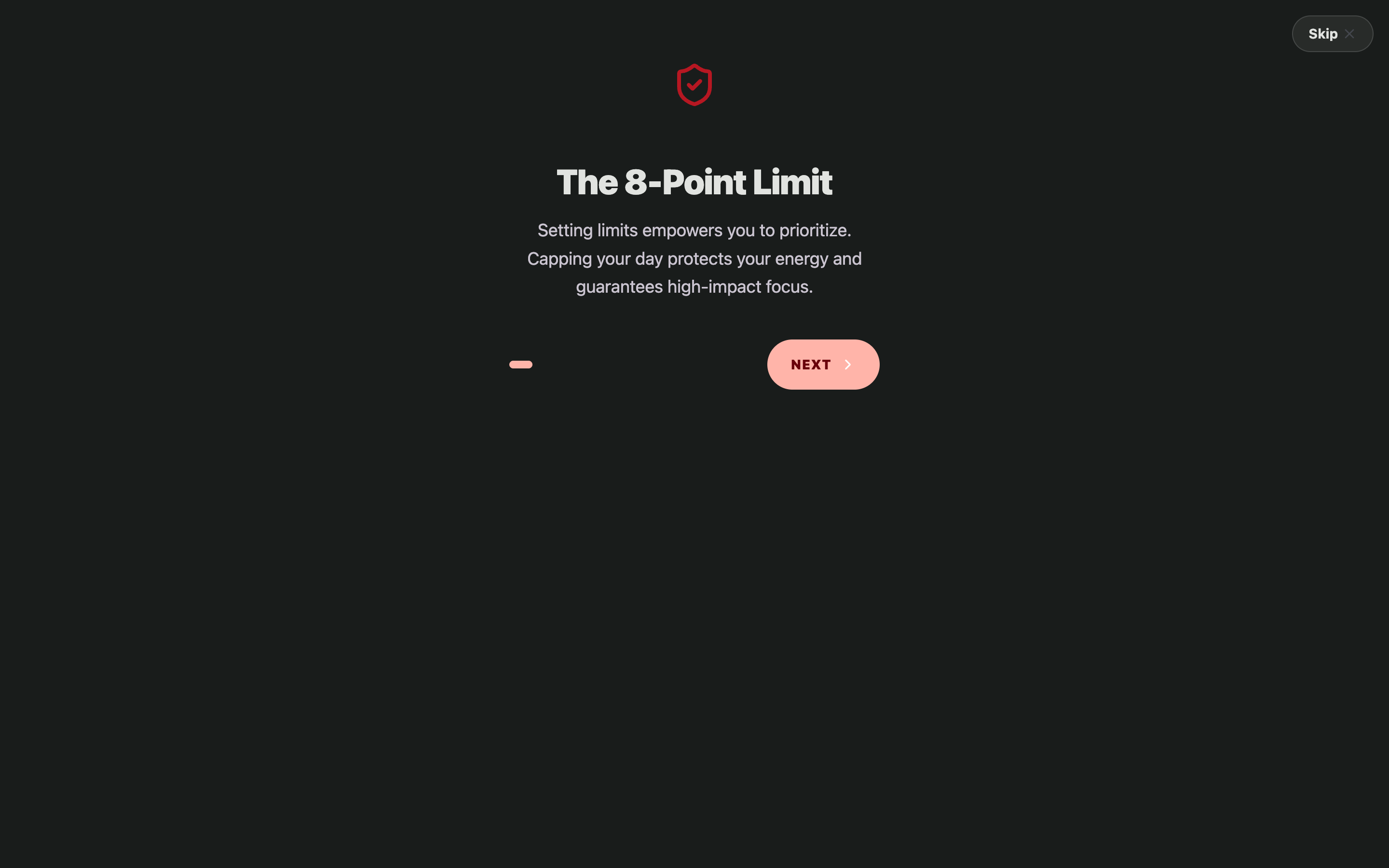 MSCW onboarding screen explaining its eight-point daily workload limit